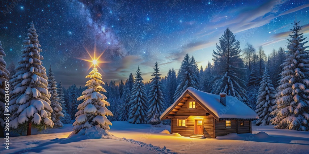 Fototapeta premium Christmas featuring a winter wonderland scene with a cozy cabin, snow-covered trees, and twinkling stars in the night sky, Christmas