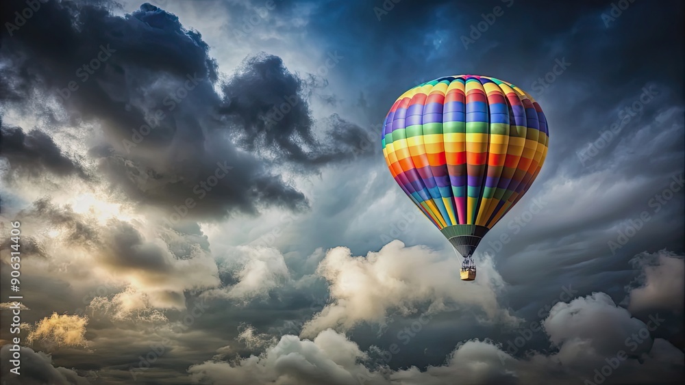 Naklejka premium Hot air balloon flying in a gray cloudy sky, hot air balloon, gray, sky, clouds, flying, transportation, adventure, travel