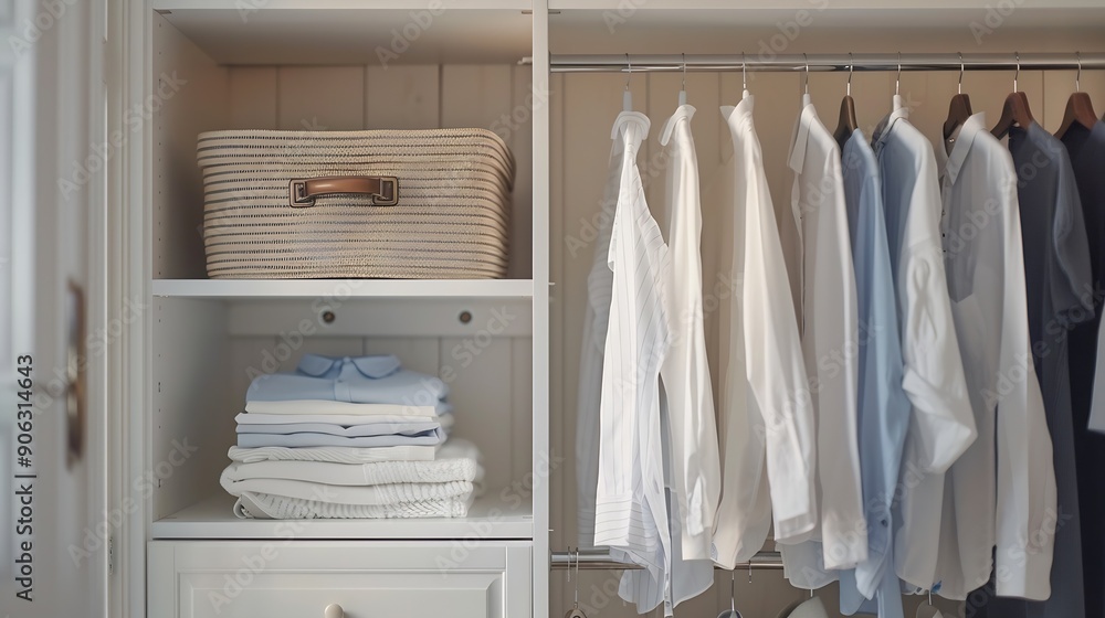 clothes hanging on rail in white wardrobe with boxes : Generative AI clothes hanging on rail in white wardrobe with boxes : Generative AI