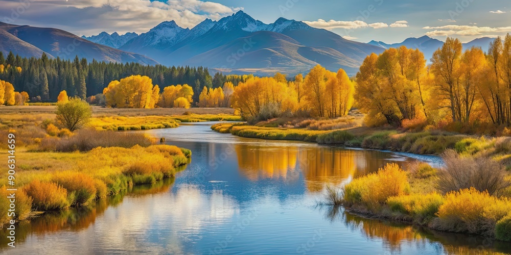 Obraz premium Pastoral river scene with golden autumn foliage and distant mountains , serene, tranquil, river, water, autumn, fall, golden
