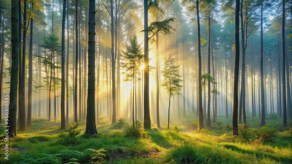 Obraz premium Misty forest at dawn with tall, slender trees exuding a serene