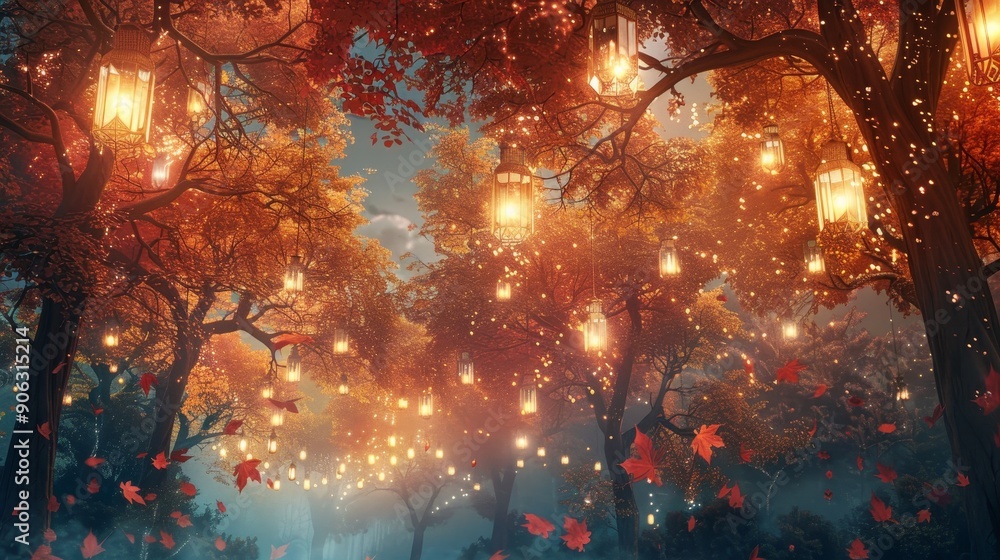 Luminous lanterns illuminate tree canopies as leaves drift down realistic nature photo Luminous lanterns illuminate tree canopies as leaves drift down realistic nature photo