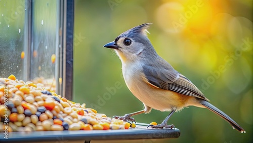 Titmouse bird perched on window feeder eating seeds and nuts, titmouse, bird, feeder, window, eating, seeds, nuts, wildlife photo