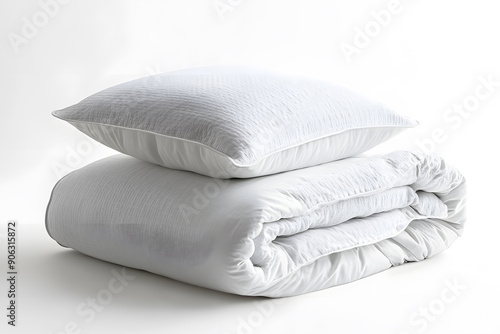 Stack of beddings on the white background, white pillow and blanket isolated