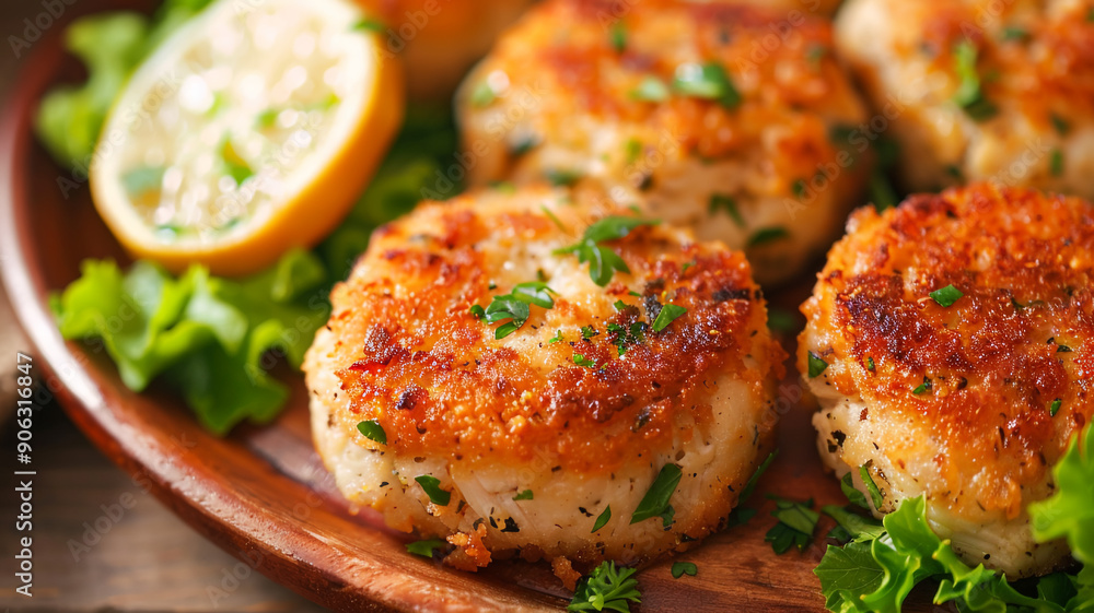 A close-up of delicious Appetizing meat cutlets on the table with greens A close-up of delicious Appetizing meat cutlets on the table with greens