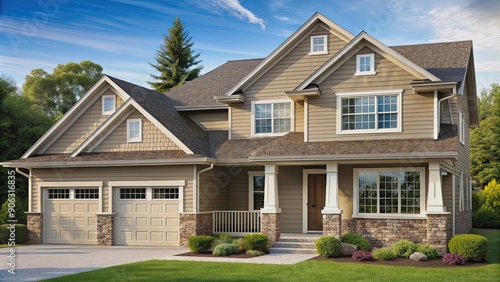 Beautiful beige siding house with stoned base, beige, siding, house, stoned, base, exterior, home, residential, architecture