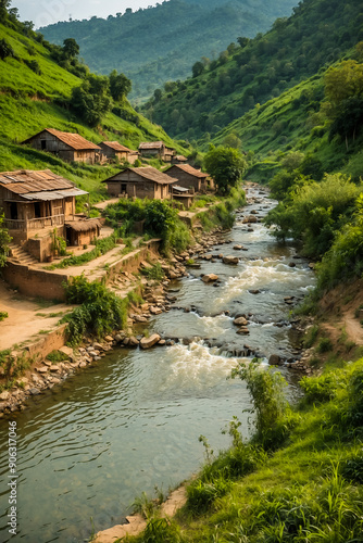 A picturesque village with hilly terrain and a gently sloping river. Modest wooden houses