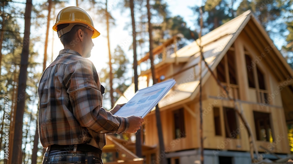 Worker building wooden twostory house near the forest Man in work clothes and hard hat reviewing the construction plan The aim is to implement modern environmentallyfriendly constructi : Generative AI Worker building wooden twostory house near the forest Man in work clothes and hard hat reviewing the construction plan The aim is to implement modern environmentallyfriendly constructi : Generative AI