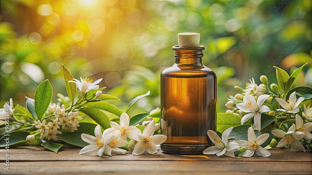 Neroli extract bottle surrounded by blossoms in an evening garden, neroli, extract, bottle, fragrant, blossoms Neroli extract bottle surrounded by blossoms in an evening garden, neroli, extract, bottle, fragrant, blossoms