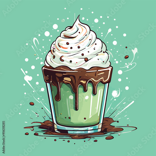 Mocha with Whipped Cream and Chocolate Shavings on Green Background