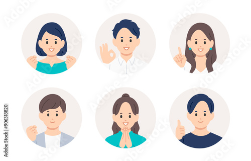 ポジティブな若い男女の顔アイコンセット【人物ベクターイラスト素材】