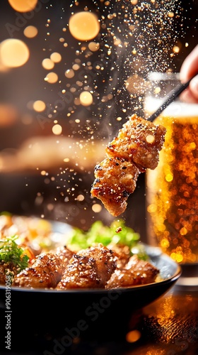 A lively izakaya scene with a group of friends sharing dishes and toasting with sake, captured from an intimate, overtheshoulder angle photo