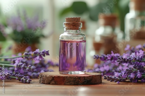 A glass bottle of lavender essential oil sits on a wooden surface with fresh lavender sprigs around it