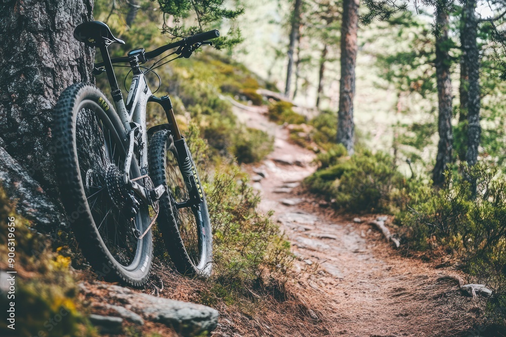 Mountain Bike Leaning Against a Tree on a Trail Mountain Bike Leaning Against a Tree on a Trail