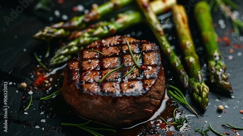 Grilled Fillet Mignon Steak with roasted asparagus Black background Top view : Generative AI