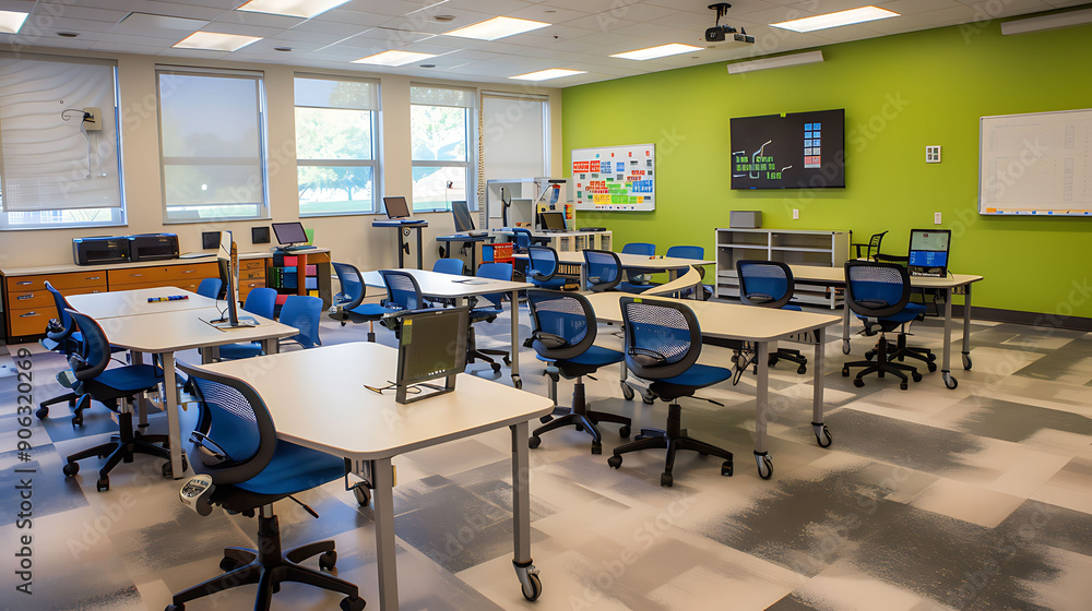 Futuristic special education classroom equipped with advanced assistive technology to support students with developmental disabilities Futuristic special education classroom equipped with advanced assistive technology to support students with developmental disabilities