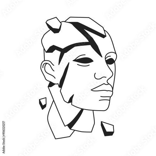 Cracked futuristic hype surreal man head sculpture Y2k outline black icon vector flat illustration