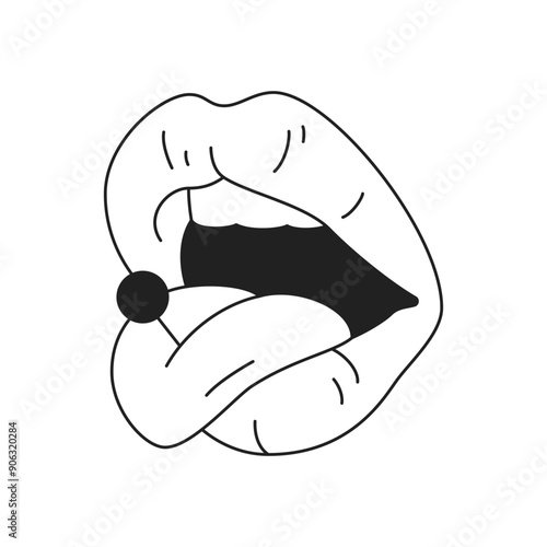 Y2k glamour sexy female lips with pin needle in tongue outline black icon vector flat illustration