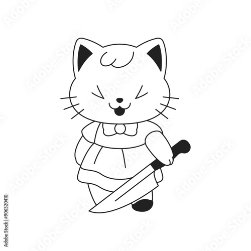 Y2k laughing Kawaii girlish glamour toy baby cat with knife outline black icon vector flat
