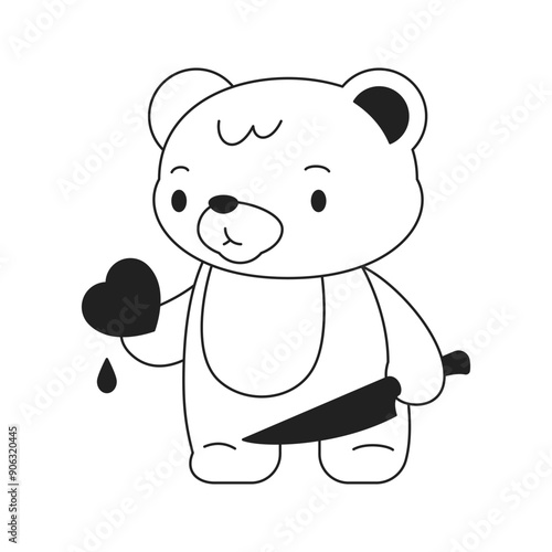 Y2k Kawaii funky teddy toy with knife and heart blood drop outline black icon vector flat
