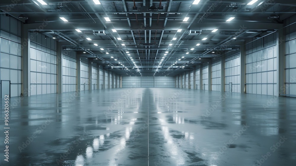 Shot of a Lit Empty Warehouse with Gray Concrete Floor White Metall Wals and Steel Ceilings Great Room for Small Factory or Production Line : Generative AI Shot of a Lit Empty Warehouse with Gray Concrete Floor White Metall Wals and Steel Ceilings Great Room for Small Factory or Production Line : Generative AI