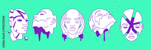 Y2k science fiction melting section face psychedelic outline icon set vector flat illustration