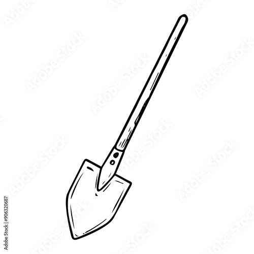 Garden shovel hand drawn in doodle style. Hobby gardening. Working tool for digging earth. Vector line art illustration.