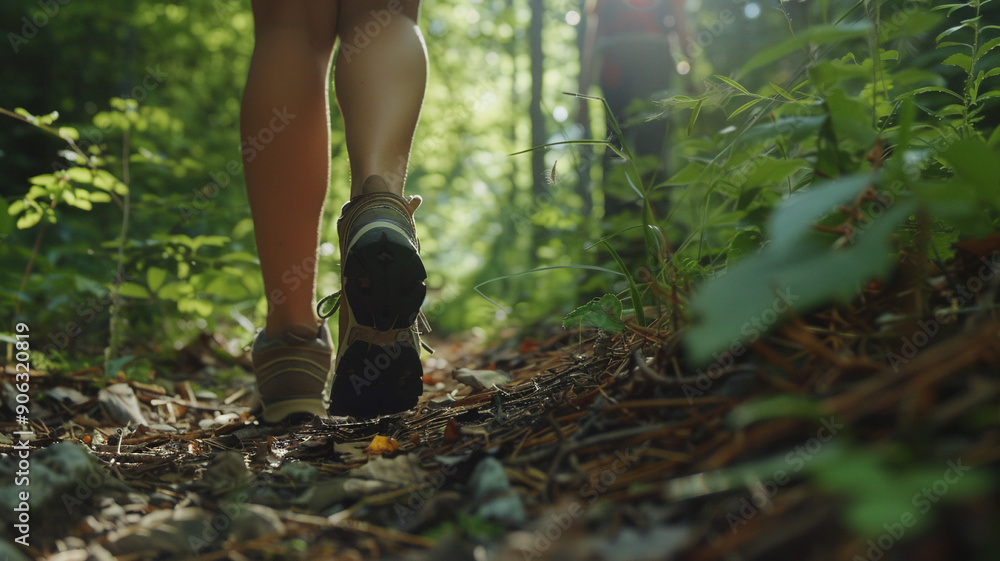 Hiker walking on forest trail , rear view, close up Hiker walking on forest trail , rear view, close up