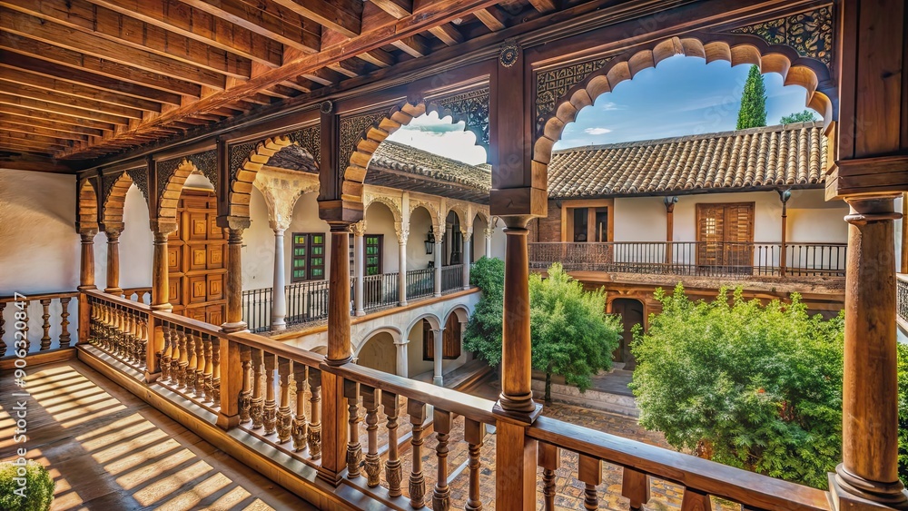 Wooden balcony overlooking a courtyard in Granada , balcony, wooden, vintage, architecture, courtyard, patio, interior Wooden balcony overlooking a courtyard in Granada , balcony, wooden, vintage, architecture, courtyard, patio, interior