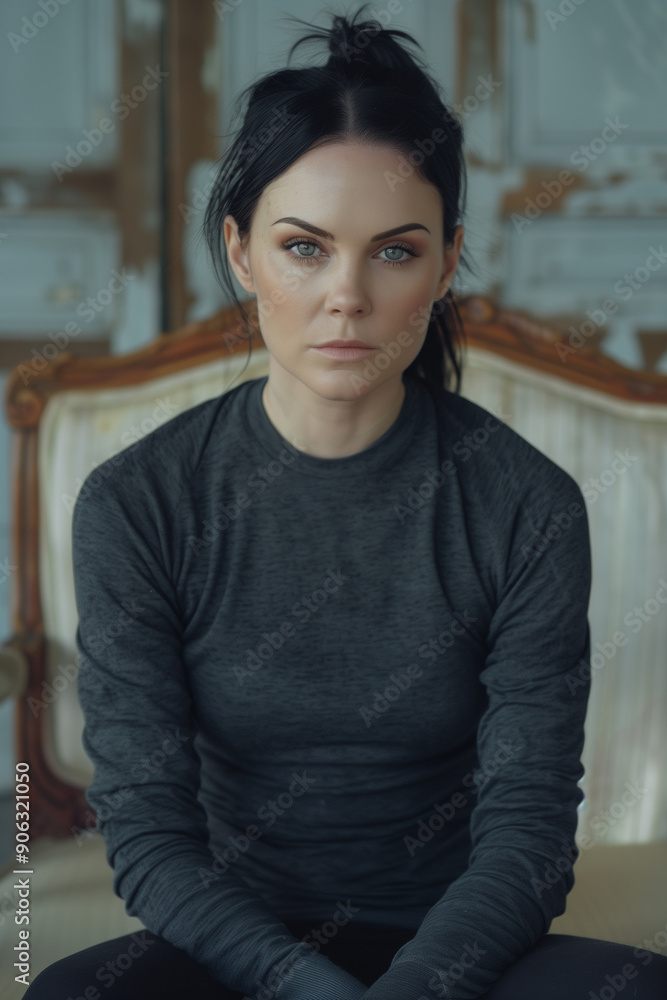 Fototapeta premium adult woman sitting on armchair with serious look, looking at camera, portrait, vertical, gray, cold,