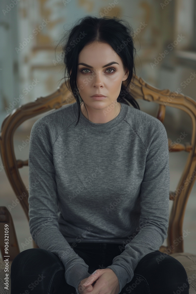adult woman sitting on couch with serious look, stress, mental health, anxiety, looking at camera, portrait, vertical, gray, cold, adult woman sitting on couch with serious look, stress, mental health, anxiety, looking at camera, portrait, vertical, gray, cold,