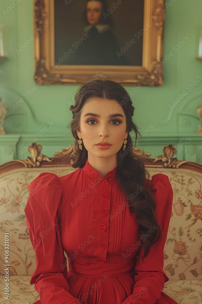 Fototapeta premium portrait of young woman sitting on a divan dressed in red looking at camera, high society, braid, tail, vertical, serious,