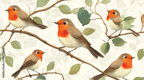 A pattern of vibrant robins with red breasts, perched on branches, creating a cheerful and lively atmosphere against a spring backdrop. photo