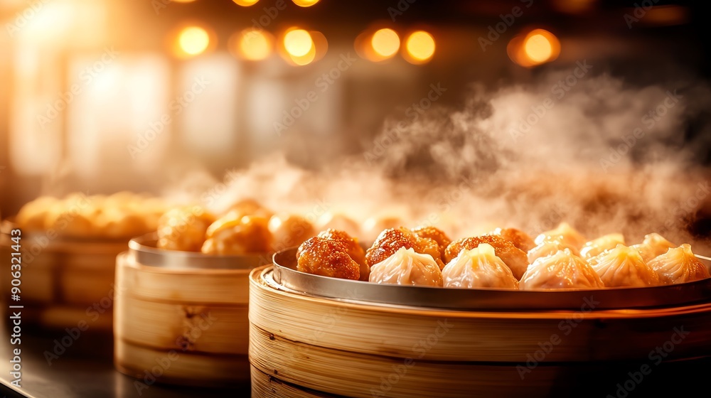 Dim sum selection in bamboo steamers, variety of dumplings, traditional Chinese teahouse, family gathering Dim sum selection in bamboo steamers, variety of dumplings, traditional Chinese teahouse, family gathering