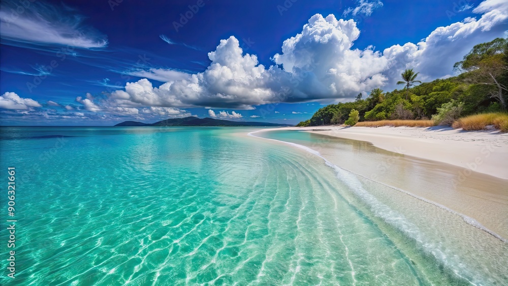 Fototapeta premium A pristine beach with crystal clear waters and white sand, untouched, natural, beach, serene, tranquil, isolated, remote