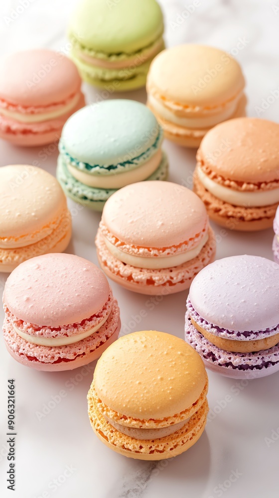 Elevated shot of assorted French macarons in pastel colors, arranged in a neat circle on a marble countertop, soft natural light, minimalist style Elevated shot of assorted French macarons in pastel colors, arranged in a neat circle on a marble countertop, soft natural light, minimalist style