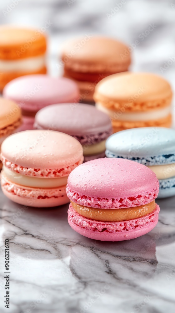 Elevated shot of assorted French macarons in pastel colors, arranged in a neat circle on a marble countertop, soft natural light, minimalist style Elevated shot of assorted French macarons in pastel colors, arranged in a neat circle on a marble countertop, soft natural light, minimalist style