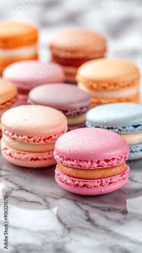 Elevated shot of assorted French macarons in pastel colors, arranged in a neat circle on a marble countertop, soft natural light, minimalist style