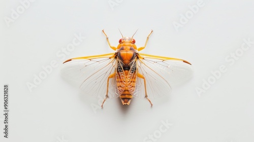 Vivid cicada with wings spread, intricate wing patterns visible, isolated on a plain background, perfect for adding copy text or logos