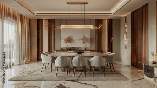 Modern Dining Room Interior Design With Wooden Accents and a Crystal Chandelier
