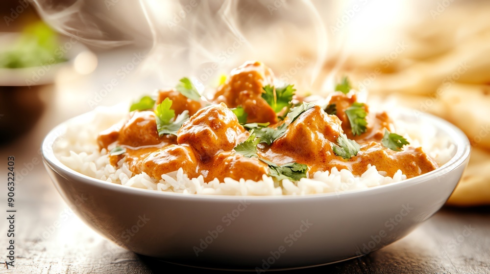 Indian butter chicken, creamy and rich, served with basmati rice and naan, warm ambient lighting in a traditional Indian restaurant Indian butter chicken, creamy and rich, served with basmati rice and naan, warm ambient lighting in a traditional Indian restaurant