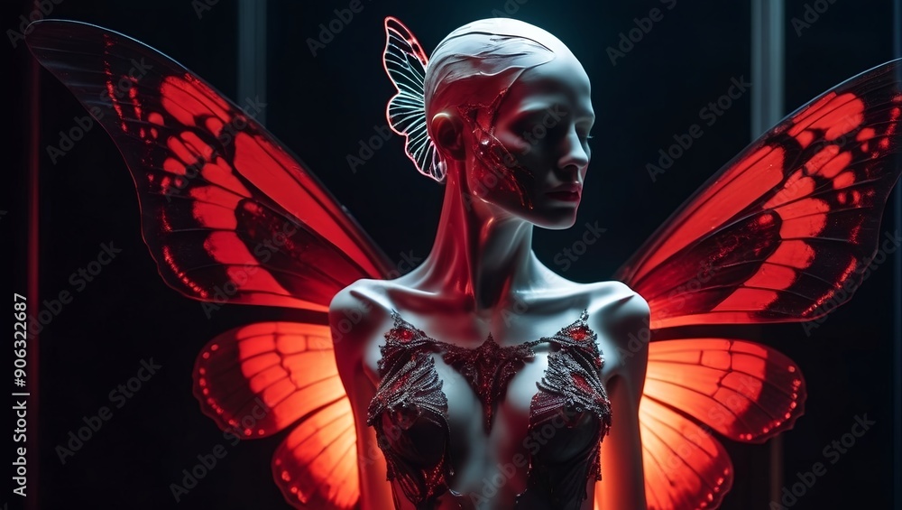 radiant red light intense glow masterpiece captures an enigmatic humanoid figure, its white, melting sculpted head butterfly-like wings radiant red light intense glow masterpiece captures an enigmatic humanoid figure, its white, melting sculpted head butterfly-like wings