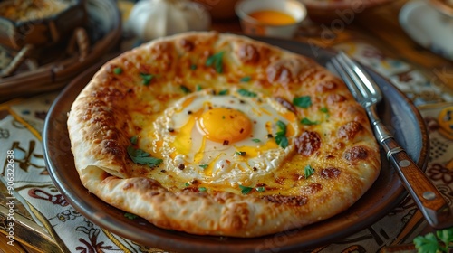 Traditional Georgian pastries  Adjarian khachapuri with cheese and raw yolk khinkali fork and knife On a platein a restaurant styleKhachapuri in Ajarian style with ingredients Georgian : Generative AI photo