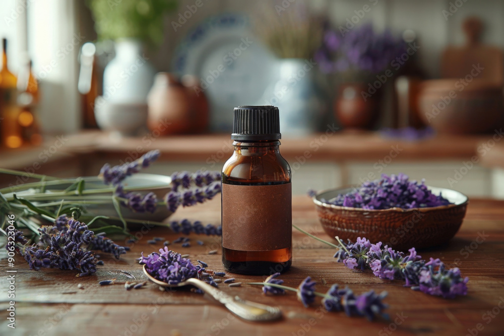 A bottle of lavender oil sits on a rustic wooden table, surrounded by fresh lavender flowers and a bowl of dried lavender A bottle of lavender oil sits on a rustic wooden table, surrounded by fresh lavender flowers and a bowl of dried lavender