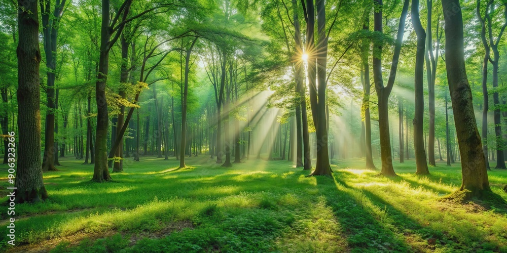 Lush green forest with sunlight streaming through trees, casting dappled shadows on the ground, nature, forest, trees Lush green forest with sunlight streaming through trees, casting dappled shadows on the ground, nature, forest, trees