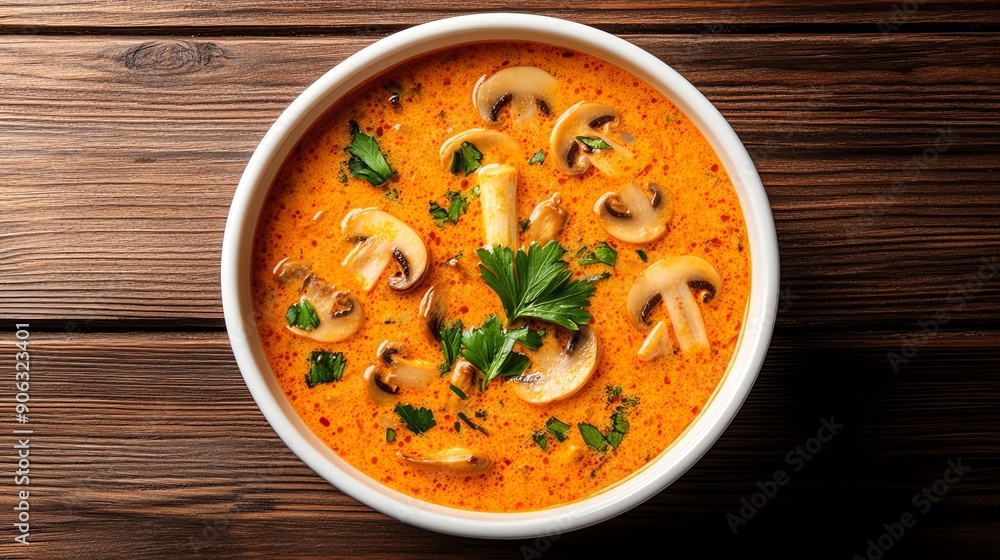 Overhead shot of Tom Yum Goong, vibrant hot and sour soup with mushrooms and lemongrass, served in a classic clay pot, rustic wooden table Overhead shot of Tom Yum Goong, vibrant hot and sour soup with mushrooms and lemongrass, served in a classic clay pot, rustic wooden table