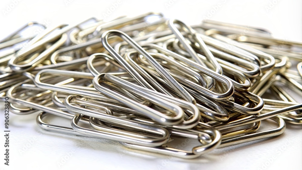 Close-up shot of shiny silver paper clips on white background, stationery, office supplies, organization, metal, clips Close-up shot of shiny silver paper clips on white background, stationery, office supplies, organization, metal, clips