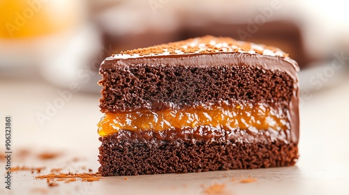 Sacher Torte, classic Austrian chocolate cake, slice revealing the apricot jam layer, elegant cafe setting, afternoon tea atmosphere