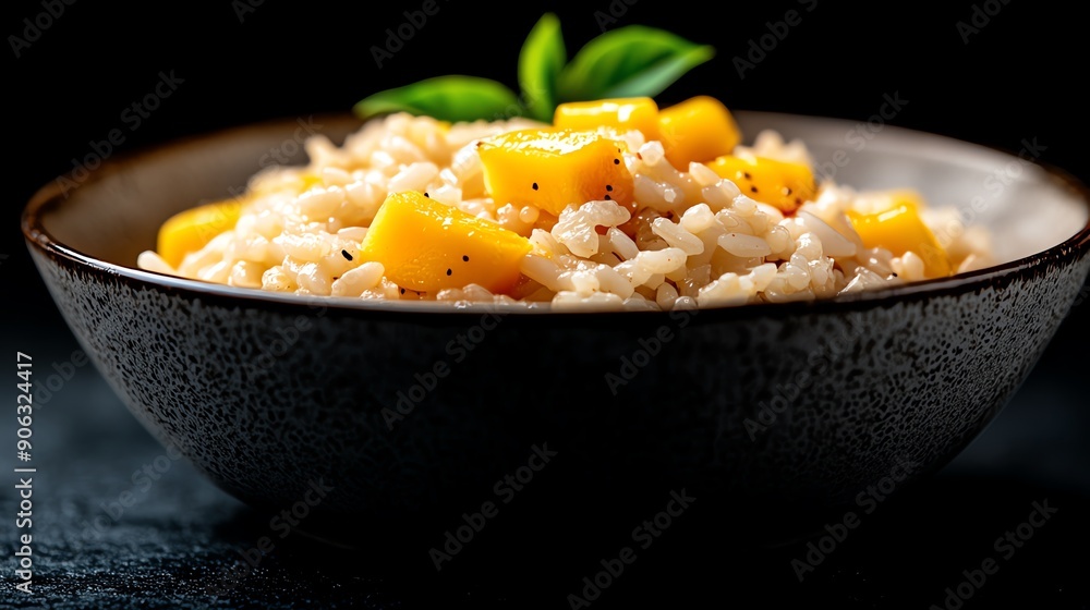Sweet mango with sticky rice, traditional dessert, served during a Thai New Year celebration Sweet mango with sticky rice, traditional dessert, served during a Thai New Year celebration