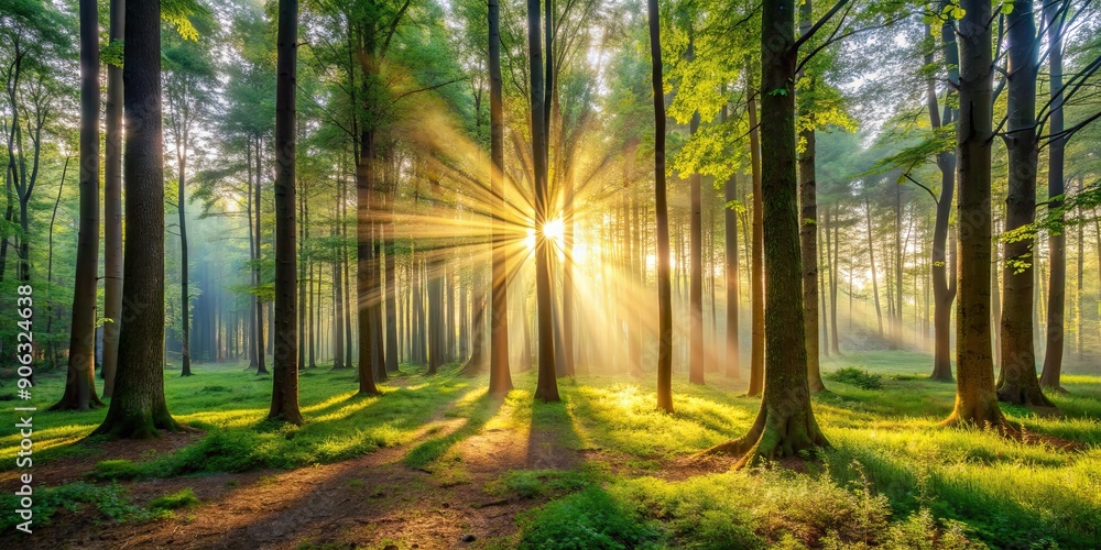 Fototapeta premium Morning sunlight filtering through the trees in a peaceful forest setting, morning, forest, trees, sunlight, peaceful